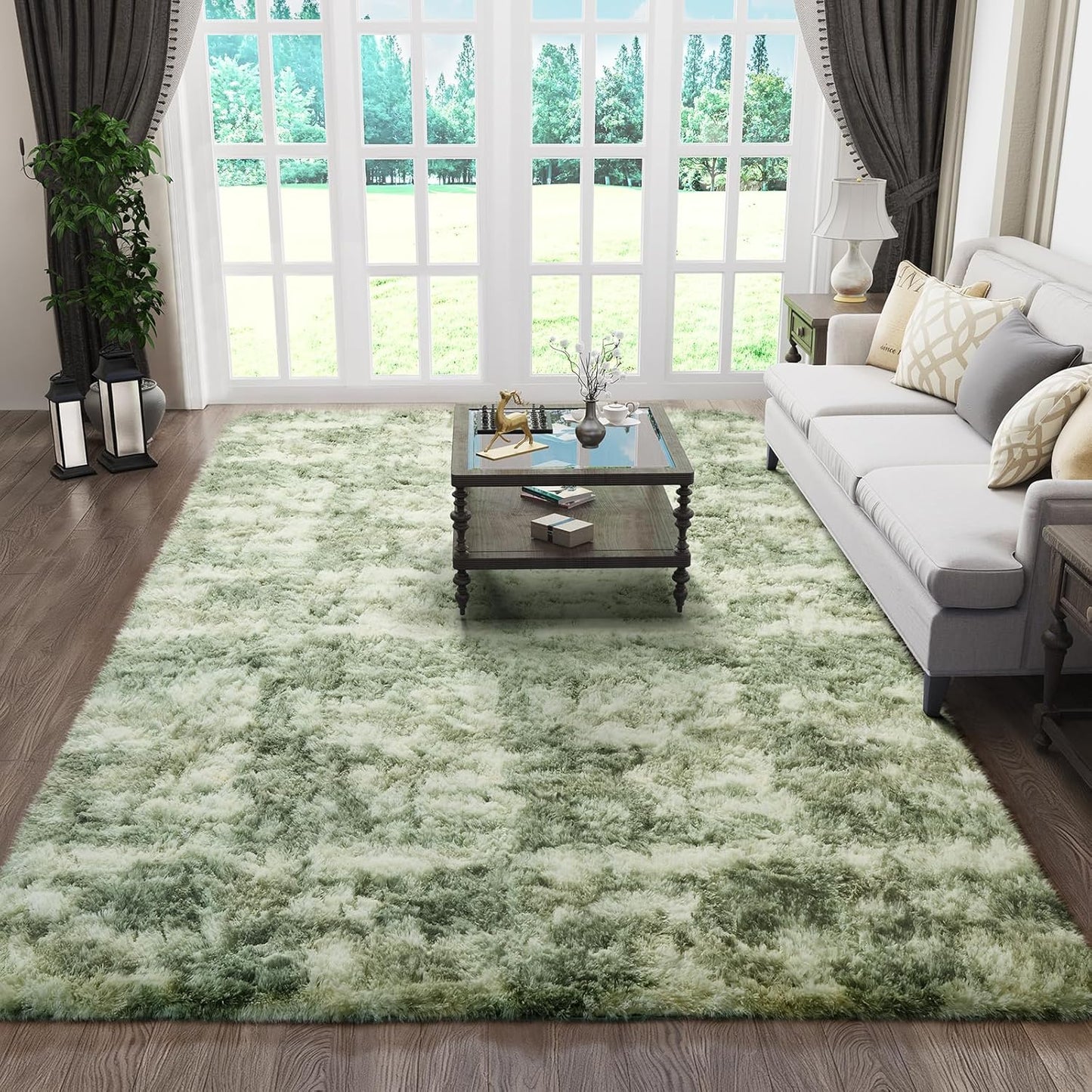 Ophanie Area Rugs - Fluffy Green and White Shag Carpet for Living Room | Soft 6x9 Plush Design