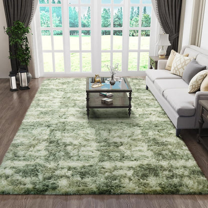 Ophanie Area Rugs - Fluffy Green and White Shag Carpet for Living Room | Soft 6x9 Plush Design