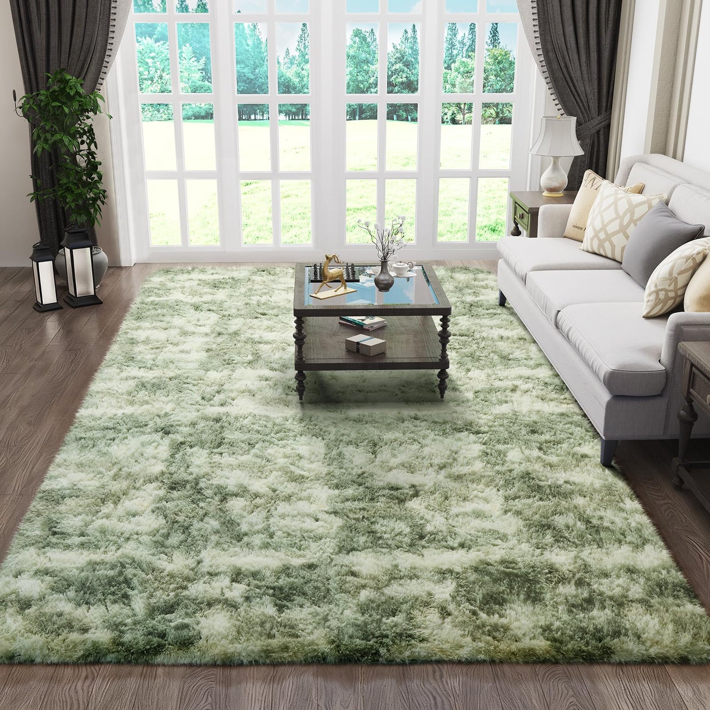 Ophanie Green and White Area Rugs for Living Room 6x9, Fluffy Shag Large Fuzzy Plush Soft Carpets, Floor Shaggy Rugs for Bedroom, Carpet for Kids Boys Girls Dorm Nursery Home Decor Aesthetic
