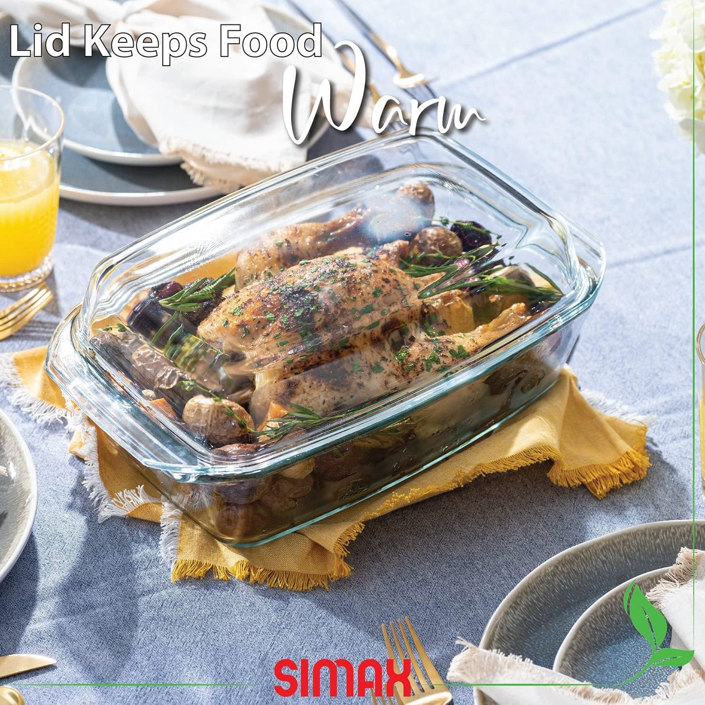 Simax Large Glass Casserole Dish - Oven Safe Bakeware with Lid | 3 Quart Oblong Design for Cooking & Serving