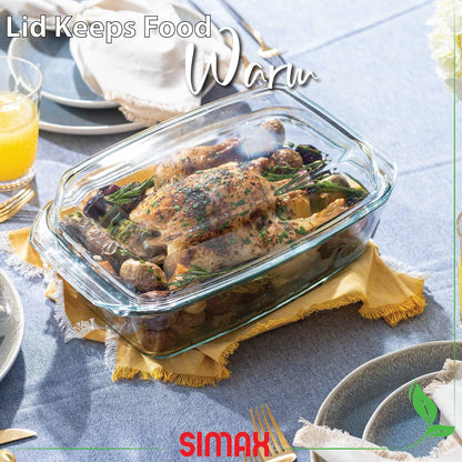 Simax Large Glass Casserole Dish - Oven Safe Bakeware with Lid | 3 Quart Oblong Design for Cooking & Serving