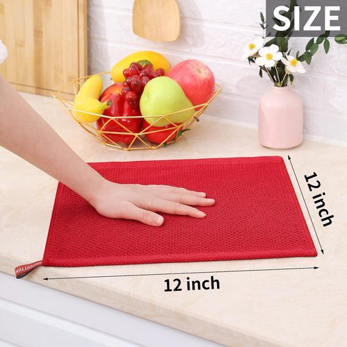 Homaxy Kitchen Dish Cloths - 100% Cotton Waffle Weave, Ultra Soft & Absorbent, 12x12 Inches, 6-Pack, Red