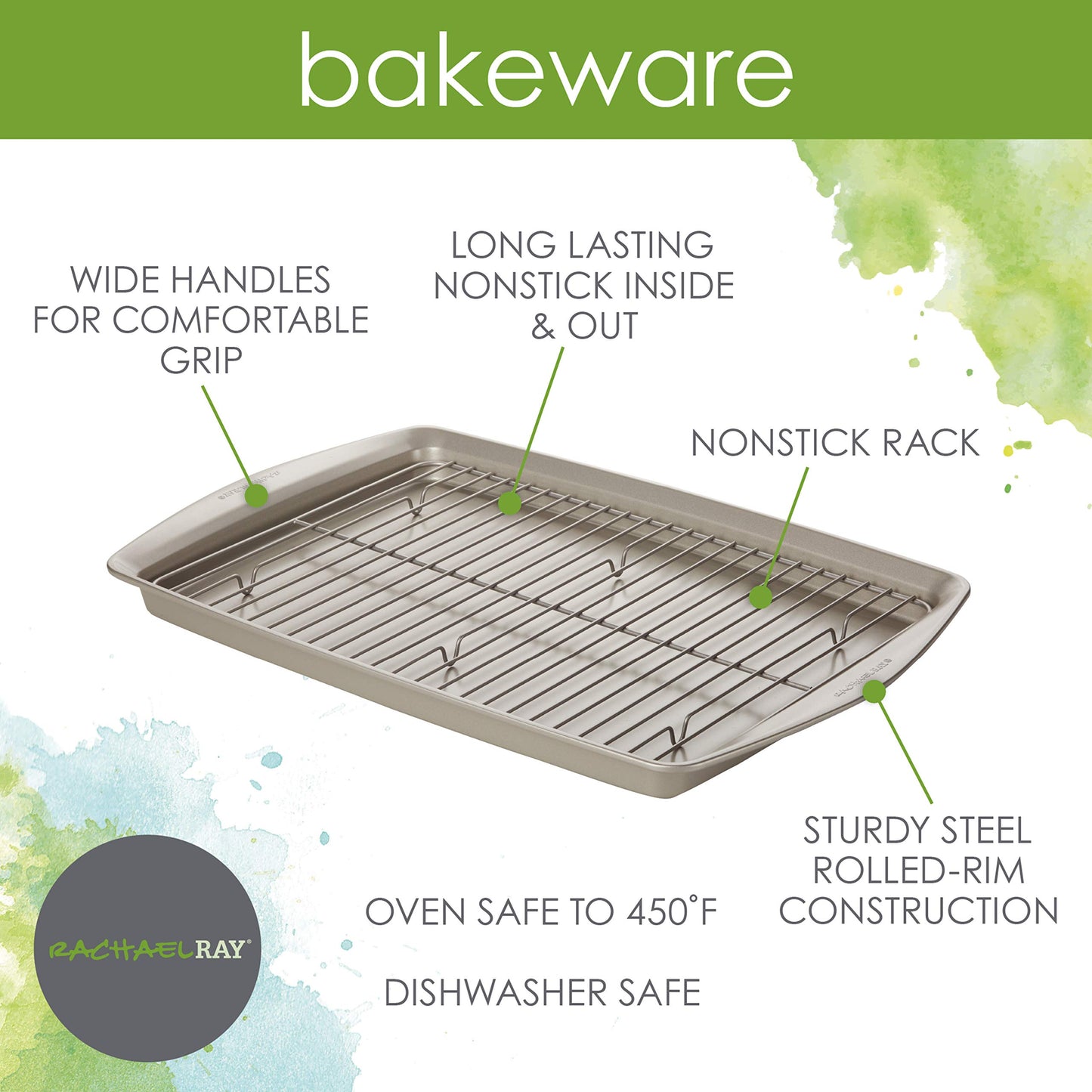 Rachael Ray Nonstick Bakeware Set without Grips, Nonstick Cookie Sheets / Baking Sheets and Cooling Rack - 2 Piece, Silver