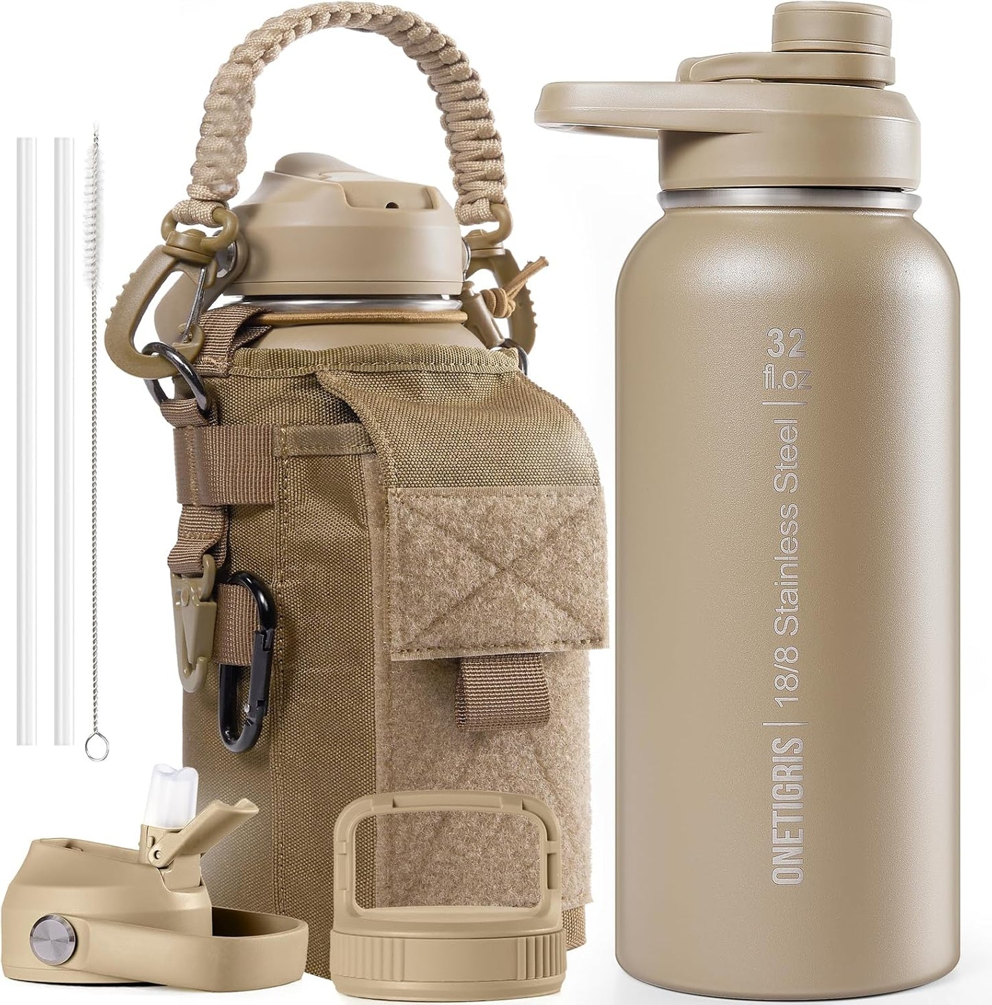 ONETIGRIS 32 oz Insulated Water Bottle - Tactical Stainless Steel Jug with Straw & 3 Lids for Travel, Gym, Hiking
