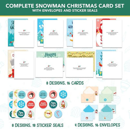 Decorably Christmas Cards - 16 Pack 5x7in Snowman Designs with Envelopes & Stickers for Holiday Greetings