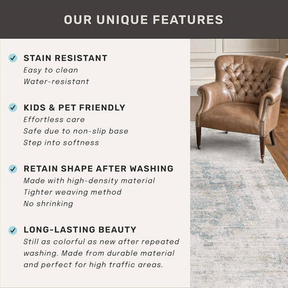 Regine Switzerland Low Pile Office Rugs - 5x7 Abstract Non-Slip Rugs for Living Room & Entryway, Cream Slate Blue