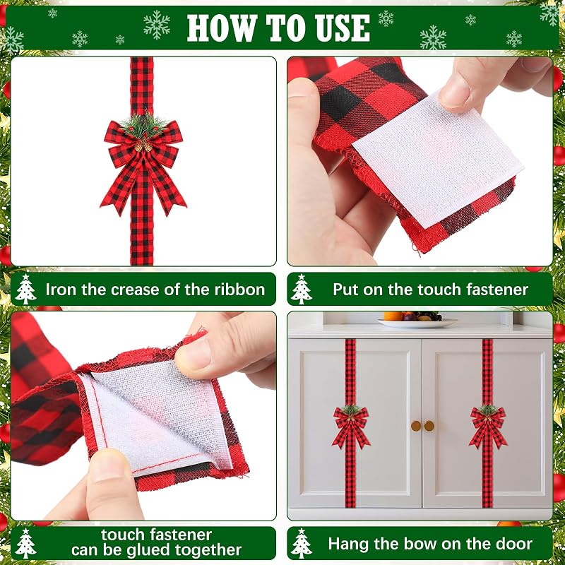 Crowye 8 Pcs Christmas Ribbon Bow Set with Pine Cones - Red Black Plaid Cabinet Decoration (Variation: Red and Black Plaid)