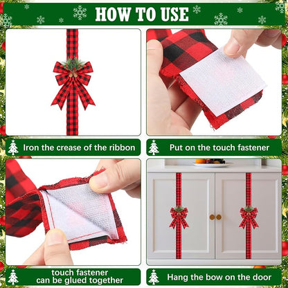 Crowye 8 Pcs Christmas Ribbon Bow Set with Pine Cones - Red Black Plaid Cabinet Decoration (Variation: Red and Black Plaid)
