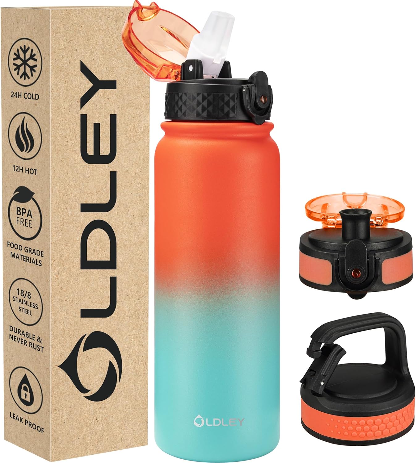 Oldley Insulated Water Bottle - 20oz Stainless Steel with Straw & 3 Lids | Leak-Proof Ombre Orange-Green