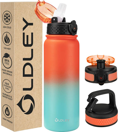 Oldley Insulated Water Bottle - 20oz Stainless Steel with Straw & 3 Lids | Leak-Proof Ombre Orange-Green