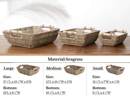StorageWorks Small Baskets for Shelf, Seagrass Woven Basket with Wooden Handles for Gifts, 2-Pack