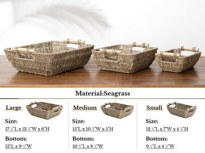 StorageWorks Small Baskets for Shelf, Seagrass Woven Basket with Wooden Handles for Gifts, 2-Pack