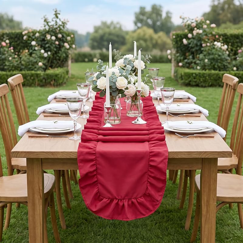 SoarDream Red Christmas Satin Ruffle Table Runner 14x118 Inch - 1 Pack