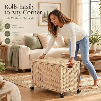 17.2 Gallon Wicker Storage Trunk Basket with Lid and Wheels – Natural Paper Rope, 65 L — Variation: Natural+17.2 Gallon/65 L+Paper