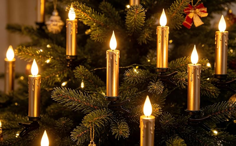 Rechargeable Flameless Clip-On Christmas Tree Candles with Remote & Timer - Gold