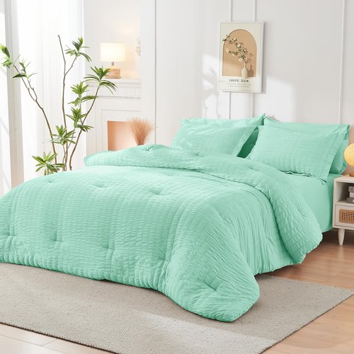 HYMOKEGE Mint Green Full Size Comforter Sets Seersucker 7 Pieces, All Season Luxury Bed in a Bag for Bedroom, Bedding Set with Comforter, Sheets, Pillowcases & Shams