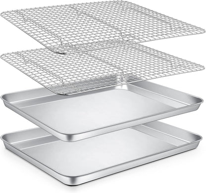 P&P CHEF 16-Inch Baking Sheet Set - Stainless Steel Cookie Sheets with Cooling Racks | Oven & Dishwasher Safe (4 Pcs)