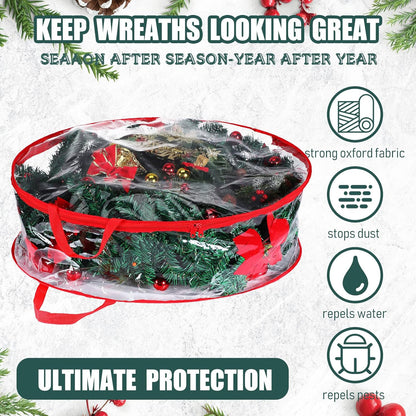 Shappy Clear Christmas Wreath Storage Container - 24 Inch Xmas Wreath Bag with Dual Zippers & Reinforced Handles | Red