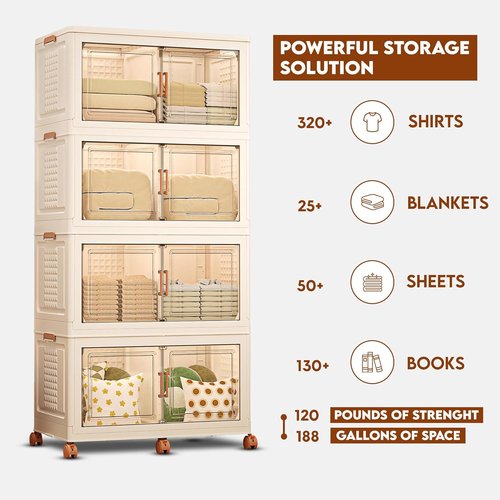 FINCHESCLUB Stackable Storage Bins - Extra Large 752QT Foldable Bins with Doors & Wheels | 4 Pack