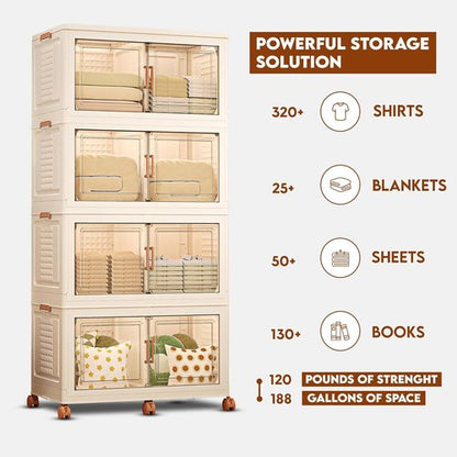 FINCHESCLUB Stackable Storage Bins - Extra Large 752QT Foldable Bins with Doors & Wheels | 4 Pack