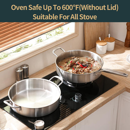 Yeksum Saute Pan with Lid, 5 Quart Tri-Ply Stainless Steel Saute Pan, 12inch Deep Frying Pan with Lid, Large Skillet, Rondeau Pot with Lid Compatible with All Cooktops Up to 600℉