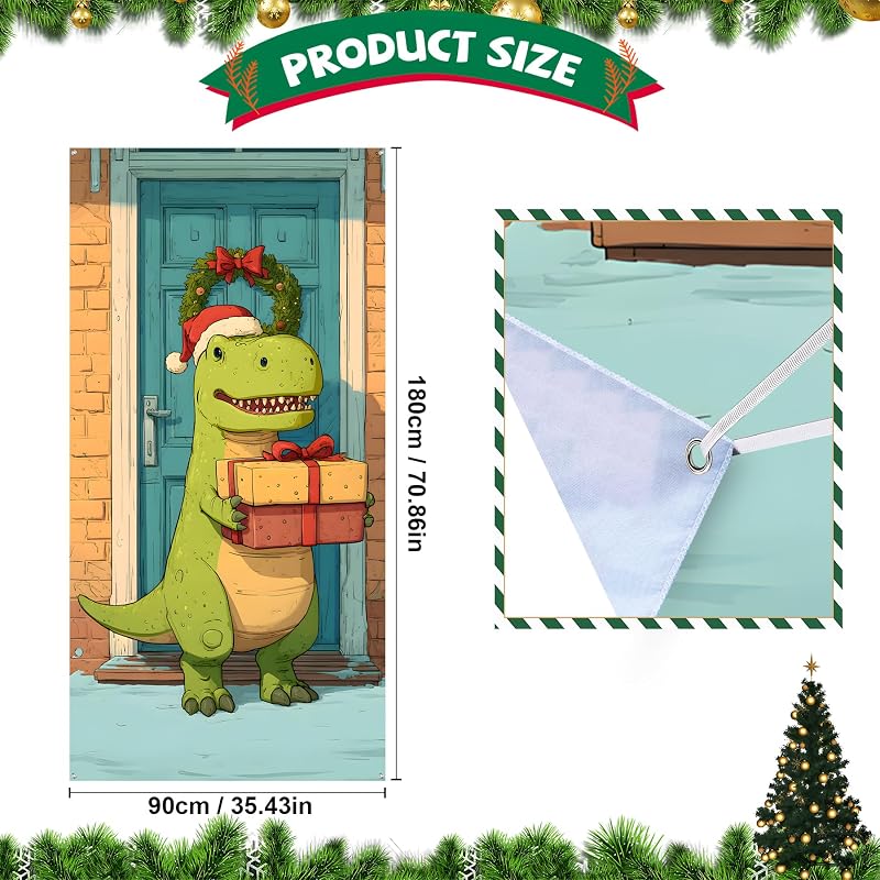 Green Dinosaur Christmas Door Banner 70.8 x 35.4 Inch - Indoor/Outdoor Holiday Decor