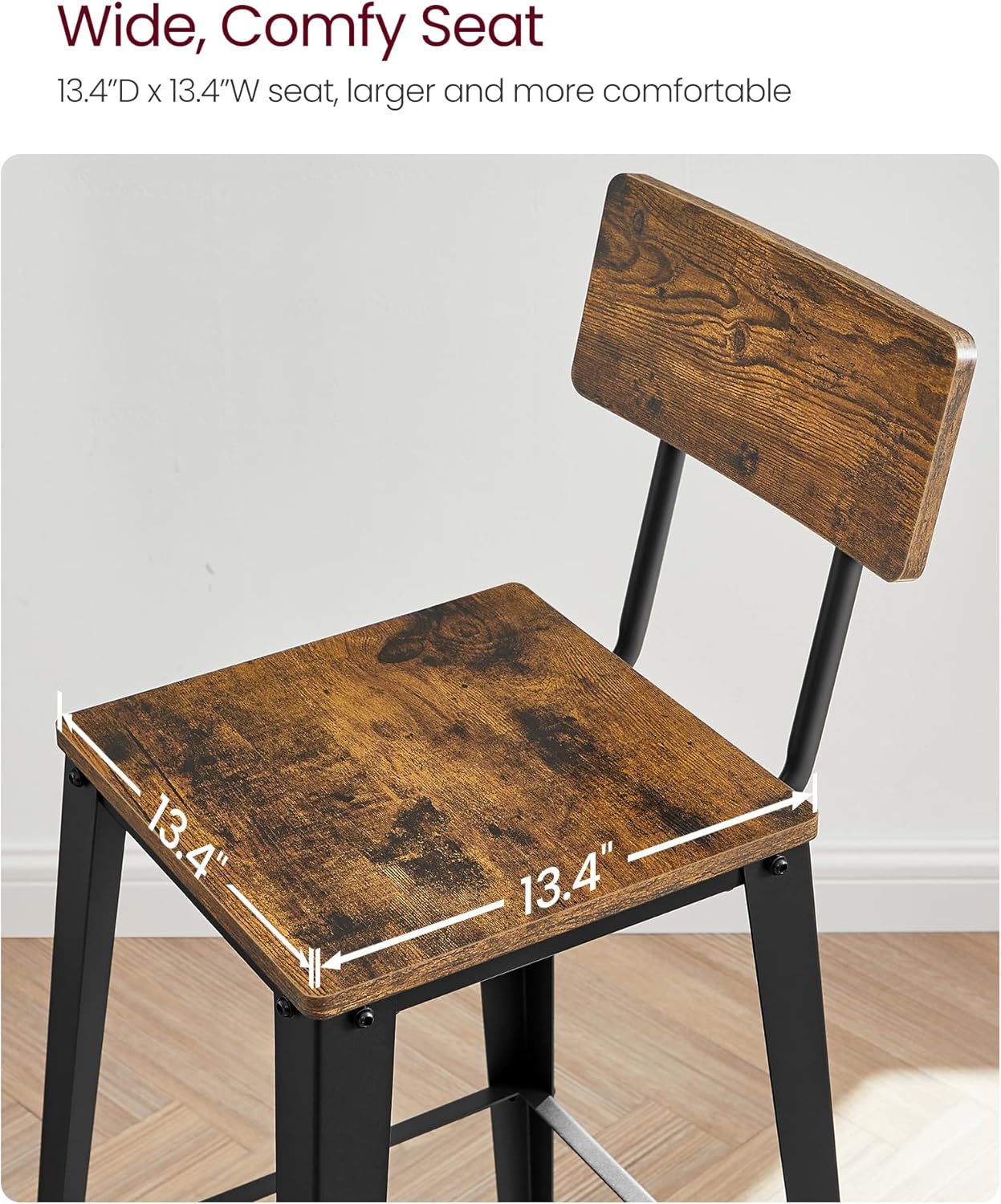 VASAGLE Bar Stools Set of 2 - 29.1-Inch Tall Industrial Style Chairs with Back - Rustic Brown & Ink Black