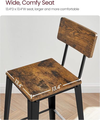 VASAGLE Bar Stools Set of 2 - 29.1-Inch Tall Industrial Style Chairs with Back - Rustic Brown & Ink Black