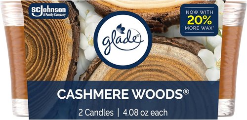 Glade 1-Wick Scented Candle Jar - Cashmere Woods Air Freshener with Essential Oils | 4.08 Oz, 2 Count