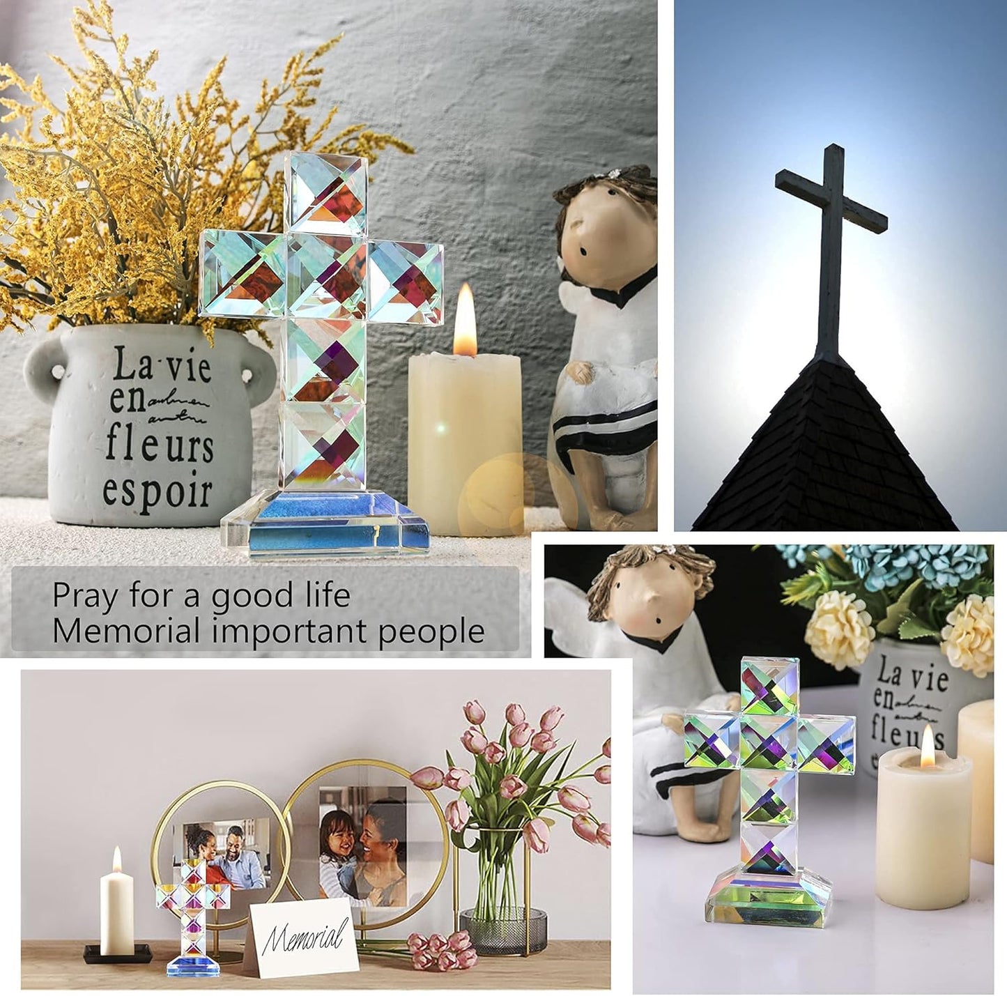 QFkris Crystal Cross Figurine - 5'' Tall Traditional Glass Craft for Memorial Gifts & Christian Decor