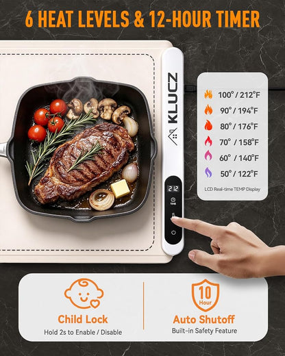 Warming Mat for Food, Extra Long 45x15 in - Graphene Rapid Heat, 6 Temps, 12h Timer, White