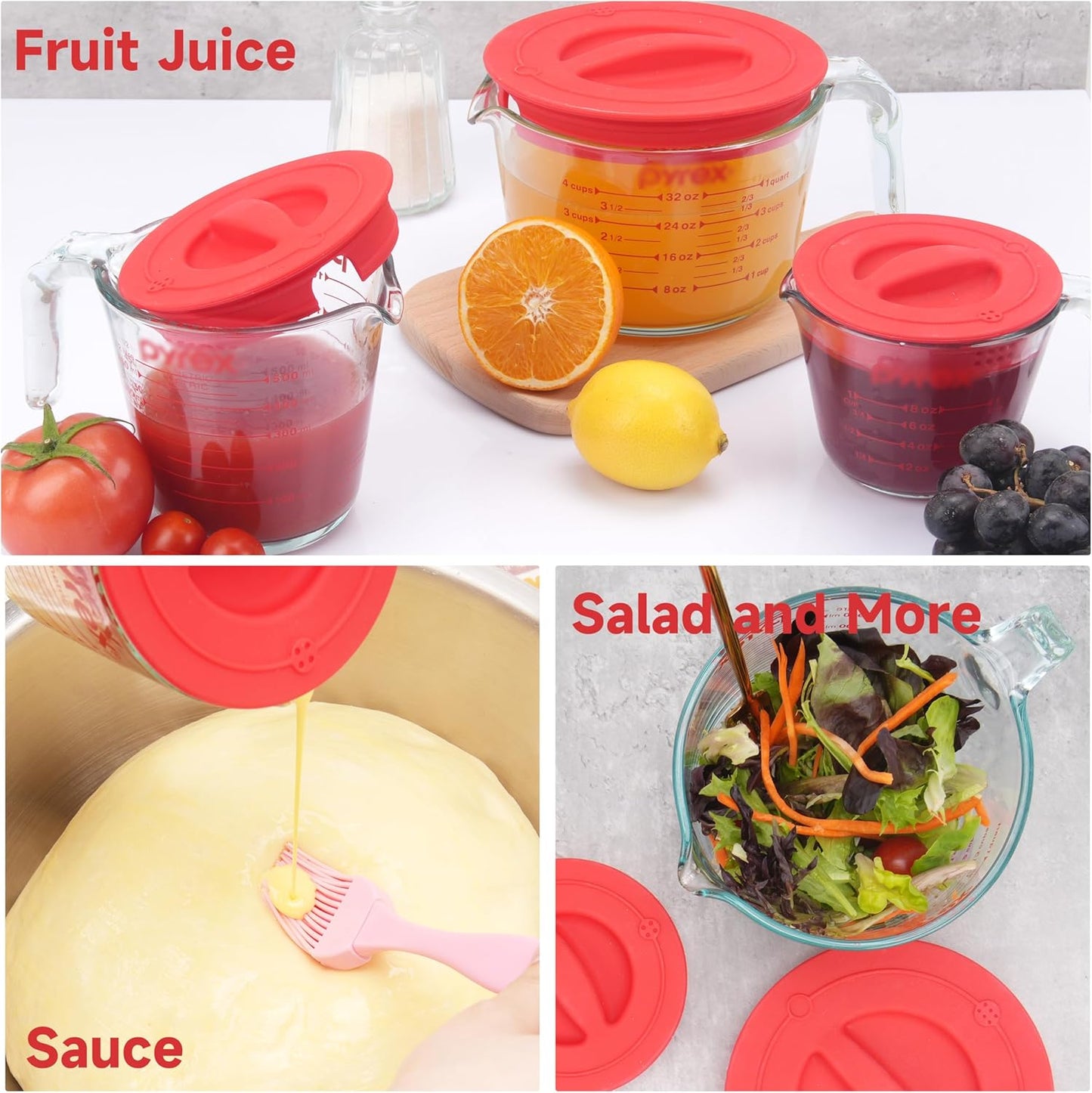 Silicone Lids by Pyrex - Food-Grade Replacement Lids for 1, 2 & 4 Cup Measuring Cups | Red, Microwave & Dishwasher Safe - 3 Pack
