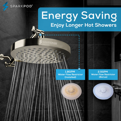 SparkPod Shower Head - High Pressure Rain - Premium Quality Luxury Design - Easy Clean Adjustable Replacement for Your Bathroom Shower Heads (Elegant Brushed Nickel, 8 Inch Round)