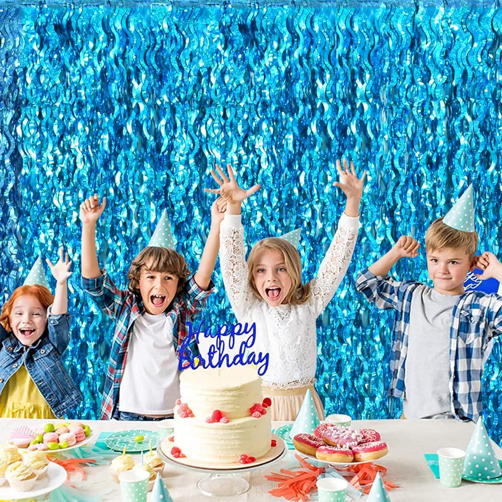 TONIFUL Wavy Metallic Tinsel Foil Fringe Curtains - Teal Blue Backdrop for Parties & Photo Booths (6.6ft x 6.6ft)