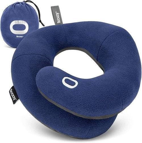 BCOZZY Travel Neck Pillow - Patented Double Support for Head, Neck & Chin | Adjustable Size, Large Navy, Fully Washable