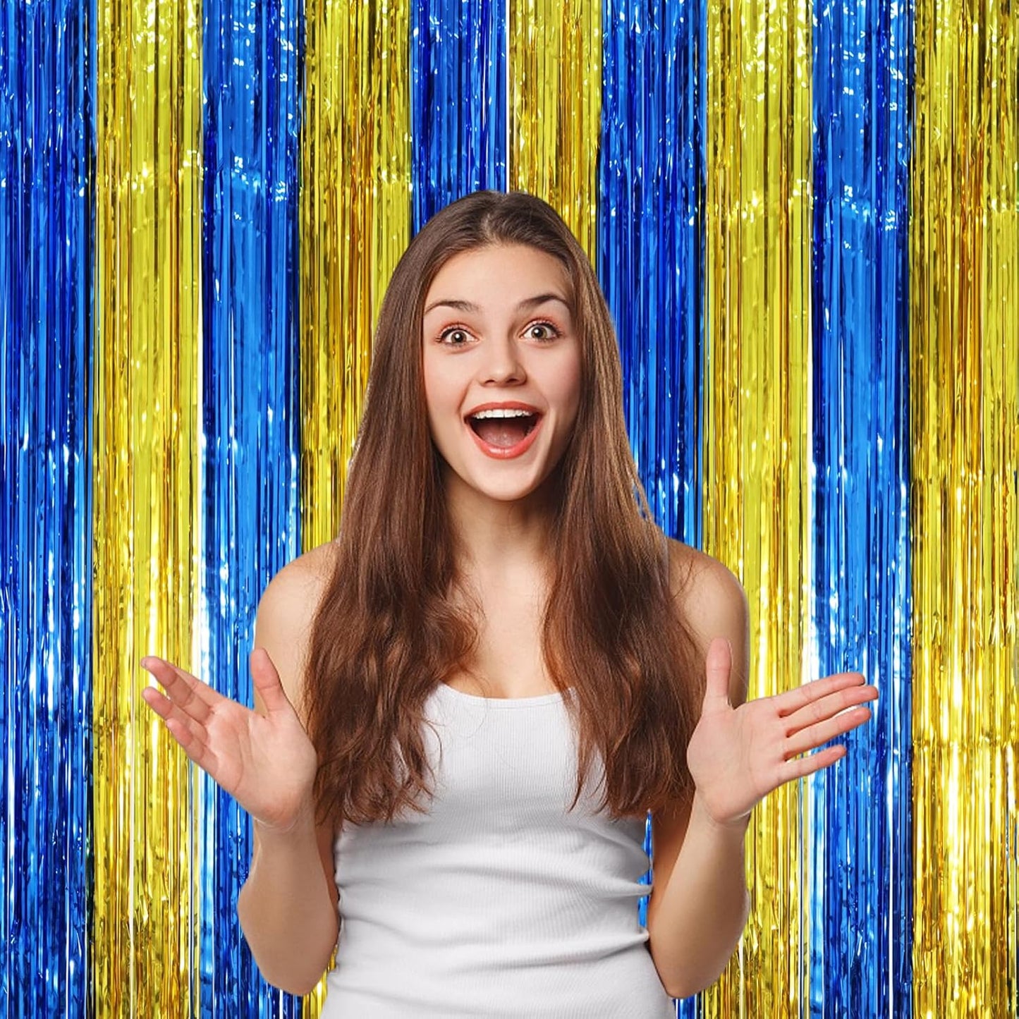 Voircoloria Blue Gold Foil Fringe Backdrop Curtains - 3 Pack Tinsel Streamers for Parties | 3.3 x 8.2 ft