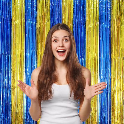 Voircoloria Blue Gold Foil Fringe Backdrop Curtains - 3 Pack Tinsel Streamers for Parties | 3.3 x 8.2 ft