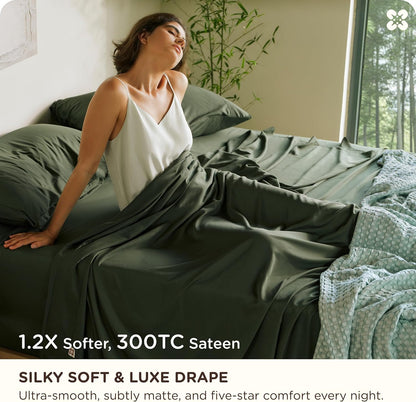 Bedsure Bamboo Viscose Queen Sheet Set - Cooling Luxury Bedsheets for Hot Sleepers | Silky Soft & Oeko-Tex Certified | 18" Deep Pocket [Olive Green]