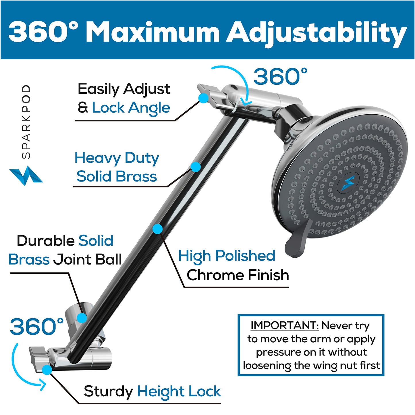 SparkPod 11" Solid Brass Shower Head Extension Arm - Flexible Height & Angle Adjustable Shower Arm Extension for Rain Showerheads with Sturdy Lock - Universal Pipe Connection (Luxury Polished Chrome)