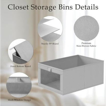 Criusia Linen Closet Organizers - 4 Pack Foldable Storage Baskets for Towels, Clothing, and Books | Grey