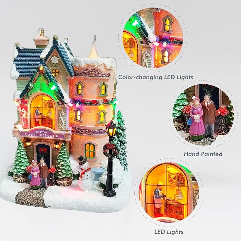 Vintage Candlemaker Christmas Village House with LED Lights & 8 Carols - Hand Painted Polyresin