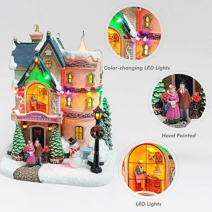 Vintage Candlemaker Christmas Village House with LED Lights & 8 Carols - Hand Painted Polyresin
