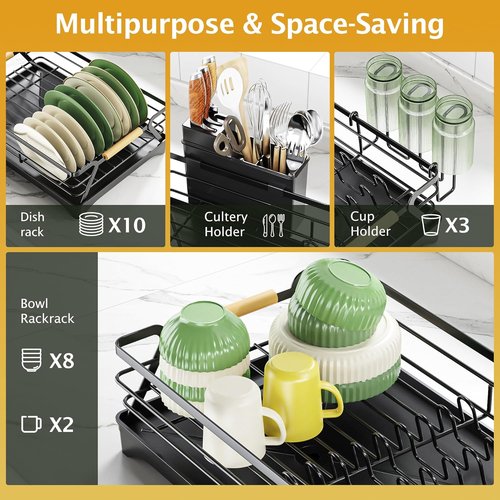 Epicano Dish Drying Rack - Space-Saving Rustproof Drainer with Utensil Holder & Knife Slots | Black