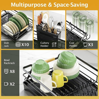 Epicano Dish Drying Rack - Space-Saving Rustproof Drainer with Utensil Holder & Knife Slots | Black