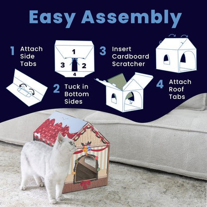 LiBa Cardboard Cat House with Scratch Pad and Catnip, Cat Bed for Indoor Cats, Cat Scratcher, Cat Scratching Board Cat Gifts for Cats, Winter Market