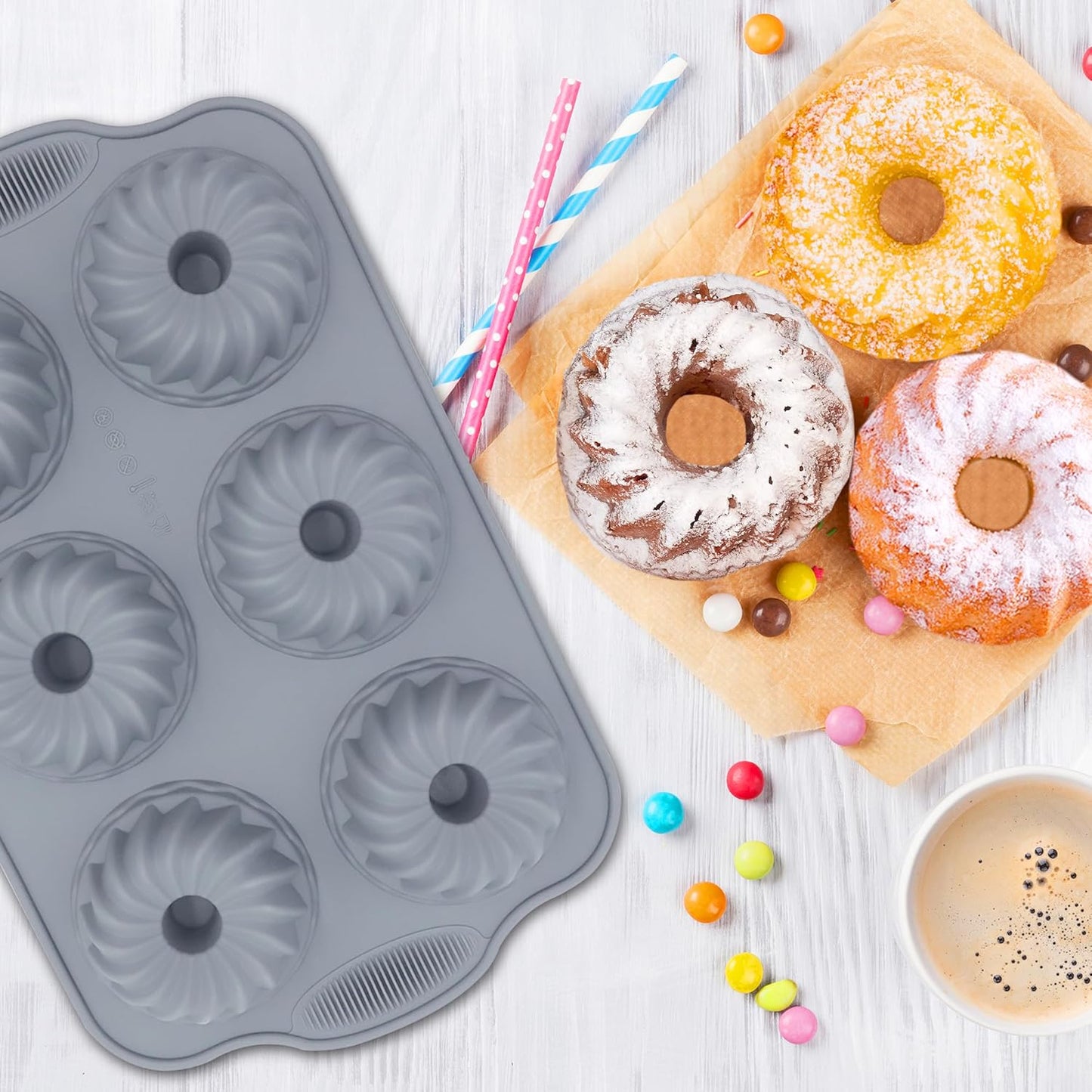 Tongjude Silicone Donut Pans - 8 Nonstick Baking Molds | Heat Resistant & Dishwasher Safe, Grey