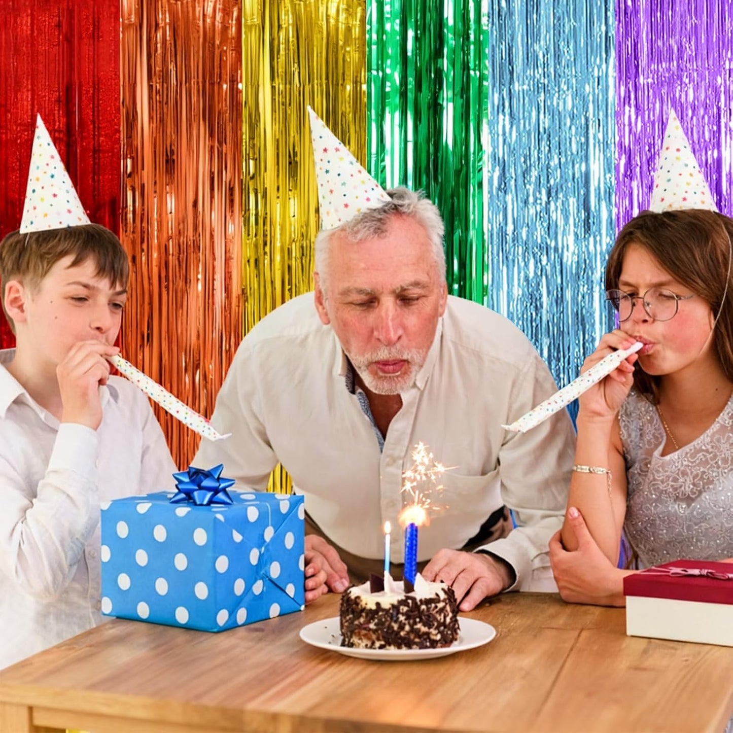 Skiennix Rainbow Party Backdrop Streamers - Colorful Foil Fringe Curtains for Birthdays & Celebrations | 2 Pack