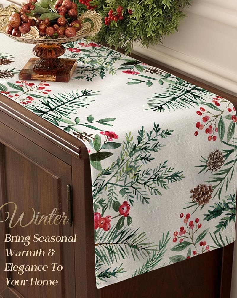 Miss Adola Holly Pine 13x48 Inch Christmas Table Runner - Watercolor Berries