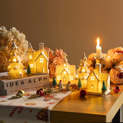 Skiennix Christmas Village Set - 11 Pcs Ceramic Decoration with 3 Lighted Houses & 2 Trees | Festive Tabletop Decor