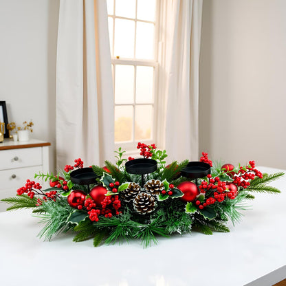 YULETIME Christmas Triple Candelabrum - Holiday Candle Holder with Red Baubles & Natural Pine Decor